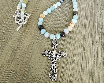 Cross Amazonite Beaded Necklace Silver Colored Cross Toggle Clasp 18 Inch