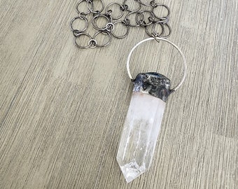 Large Clear Quartz Dagger Chain Necklace Soldered Pendant Lobster Clasp 28 Inch Silver Chain