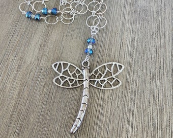 Long Dragonfly Pendant Wire Wrapped Chain Necklace, 24 Inch Silver Chain Necklace,  Lobster Clasp