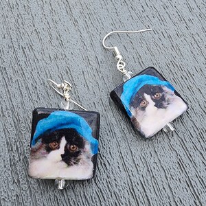 Decoupage Cat with a Blue Hat Earrings, Pet Dangle Earrings