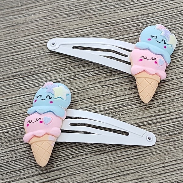 Ice Cream Cone Hair Clips Set of Two White Hair Clip Metal Snap Barrette 50mm