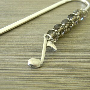 Music Note Bookmark with Smoky Quartz Glass Beads Shepherd Hook Steel Bookmark Silver Color Eighth Note