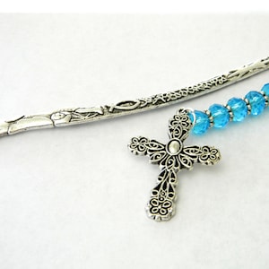 Cross Bookmark with Aqua Glass Beads Silver Color Shepherd Hook Christian Bookmark