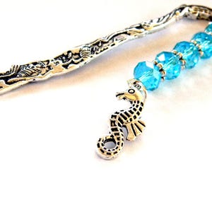 Fancy Dolphin Bookmark with Seahorse Charm Aqua Blue Glass Beads Shepherd Hook Silver Color