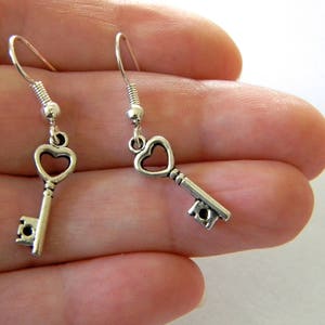 Small Heart Skeleton Key Earrings Silver Color Dangle Earrings