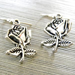 Rose Flower Earrings Silver Colored Dangle Earrings
