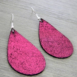 Pink Glitter Leather Earrings, Genuine Leather Earrings, Dangle Earrings, Leather Earrings