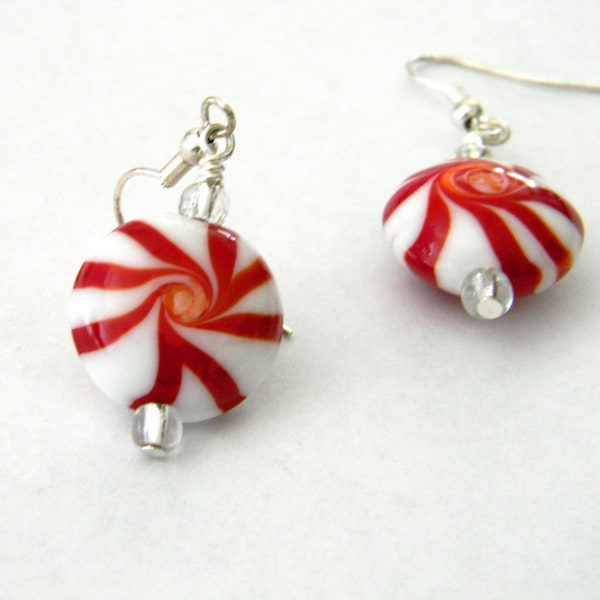 Peppermint Candy Lampwork Glass Earrings Dangle Earrings Christmas Earrings