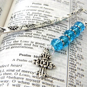 Cross Bookmark with Aqua Blue Glass Beads Short Shepherd Hook Style Bookmark Silver Color