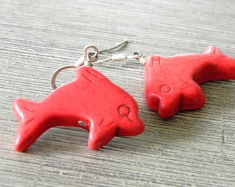 Large Red Dolphin Dangle Earrings Stone Earrings