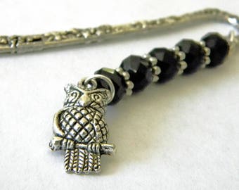 Owl Bookmark with Black Glass Beads  Short Shepherd Hook Bookmark Silver Color