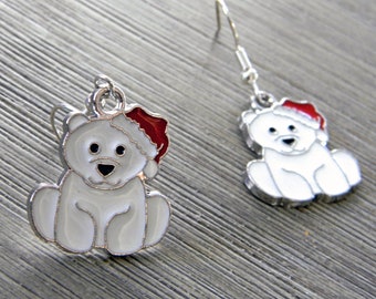 Polar Bear Santa Earrings, Silver Color Dangle Earrings, Bear Earrings, Christmas Earrings, Enamel Earrings