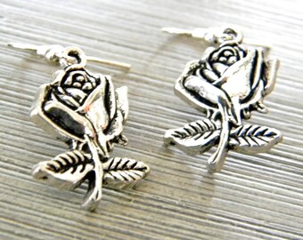 Rose Flower Earrings Silver Colored Dangle Earrings