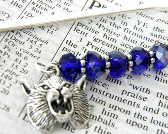 Wildcat Bookmark with Cobalt Blue Glass Beads Shepherd Hook Steel Bookmark Silver Color