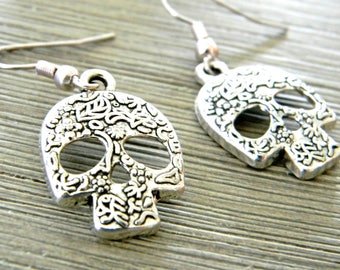 Sugar Skull Earrings Silver Color Dangle Earrings