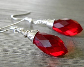 Red Glass Wire Wrapped Drop Earrings