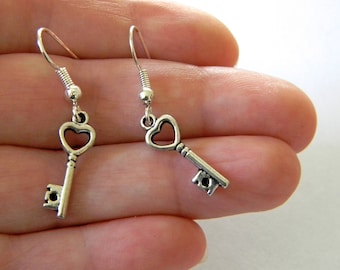 Small Heart Skeleton Key Earrings Silver Color Dangle Earrings