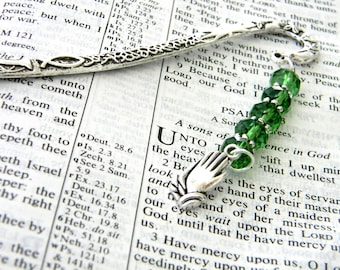 Prayer Bookmark with Green Glass Beads Silver Color Shepherd Hook Christian Bookmark