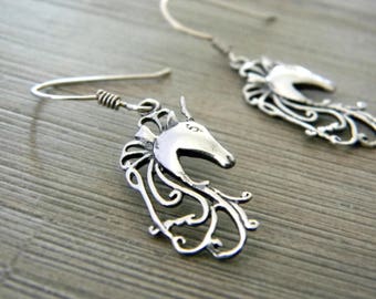 Sterling Silver Unicorn Earrings, Dangle Earrings, Unicorn Head Earrings, Fantasy Earrings