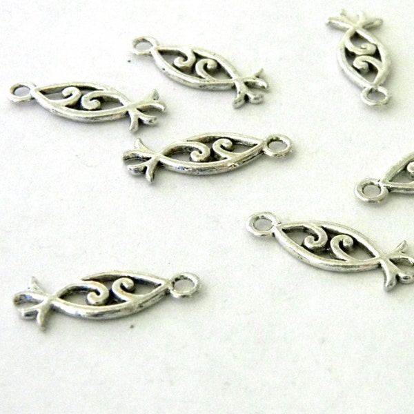 Pretty Jesus Fish Symbol Charms Set of 10 Silver Color 20x8mm Double Sided