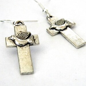 Cross with Dove Holy Spirit Earrings Silver Color Dangle Earrings