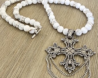 Coptic Orthodox Cross Beaded Necklace Matte White Howlite Toggle Clasp 20 Inch