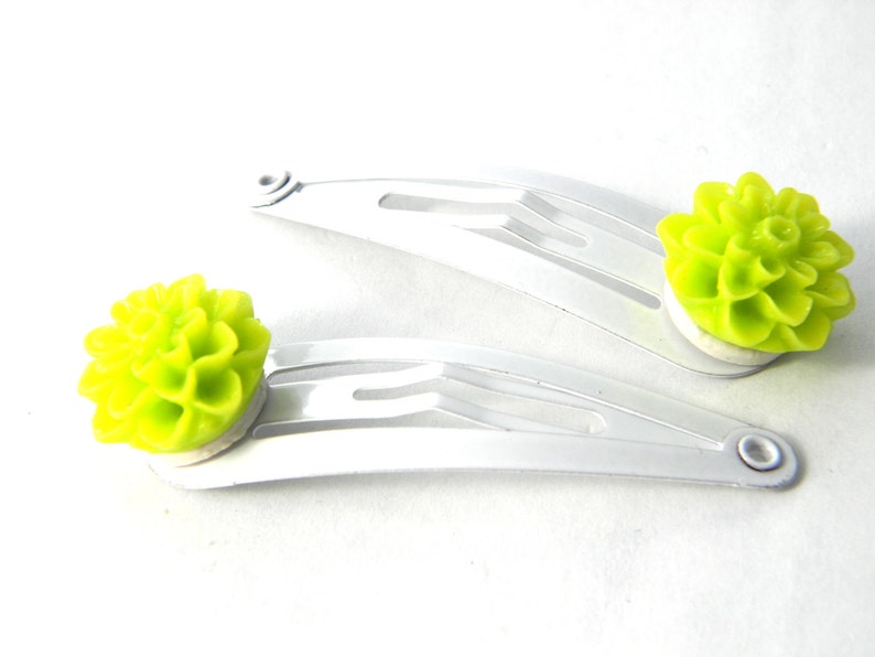 Lime Green Flower Hair Clips Set of Two White Hair Clip Metal Etsy