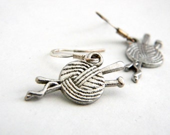 Needle and Yarn Earrings Silver Color Knitting Earrings Crochet Earrings