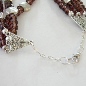 Purple Glass Triple Strand Beaded Necklace Lobster Clasp with Silver Colored Circle Beads image 3