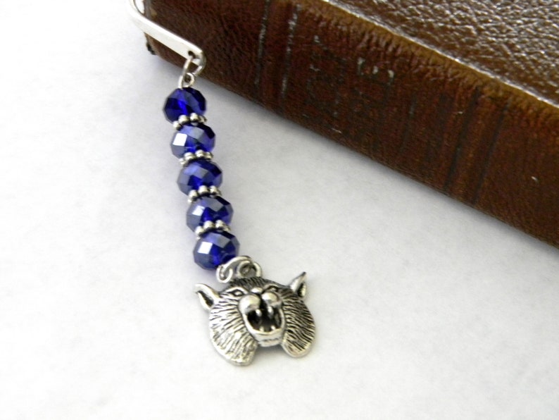 Wildcat Bookmark with Cobalt Blue Glass Beads Shepherd Hook Steel Bookmark Silver Color image 6