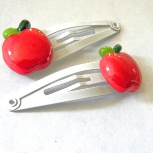 Red Apple Hair Clips Set of Two White Hair Clip Metal Snap Barrette 50mm Fruit Hair Clips