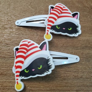 Grumpy Christmas Cat Hair Clips, Set of Two White Hair Clips, Metal Snap Barrette 50mm, Christmas Hair Clips