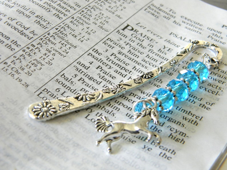 Horse Bookmark with Aqua Blue Glass Beads Flower Short Shepherd Hook Bookmark Silver Color image 2