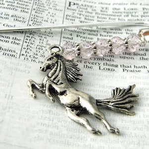 Horse Bookmark with Light Pink Glass Beads Shepherd Hook Steel Bookmark Silver Color image 1