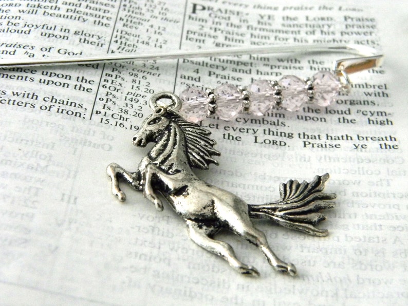 Horse Bookmark with Light Pink Glass Beads Shepherd Hook Steel Bookmark Silver Color image 1