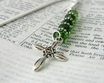 Cross Bookmark with Green Glass Beads Shepherd Hook Steel Bookmark Silver Color