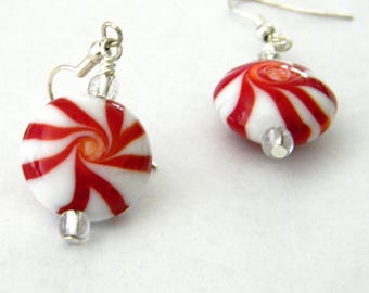 Peppermint Candy Lampwork Glass Earrings Dangle Earrings Christmas Earrings