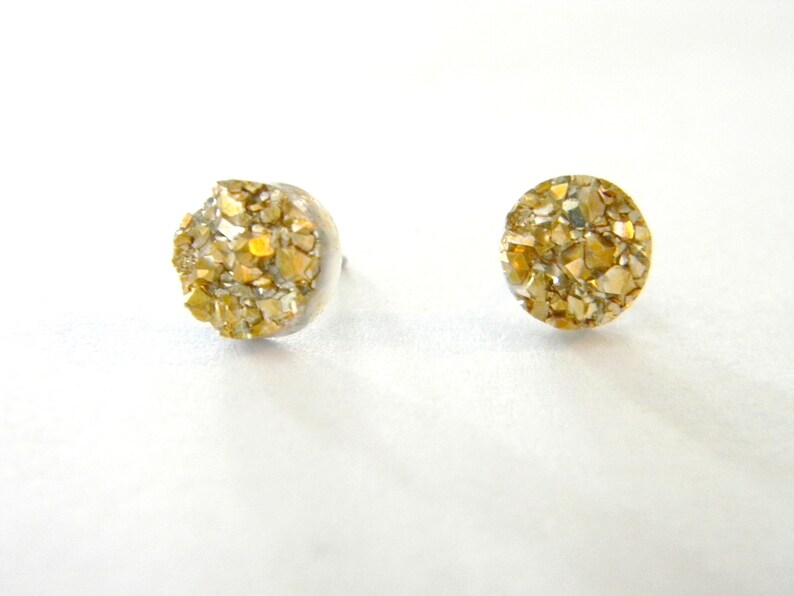8mm Stud Earrings Gold Druzy Resin Post Earrings