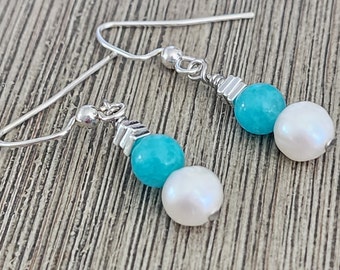 Aqua Jade and Pearl Dangle Earrings Stone Earrings