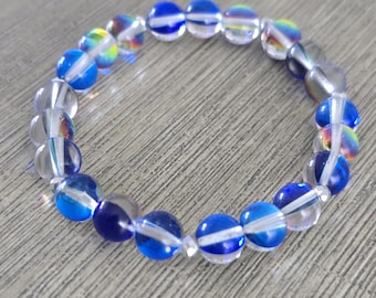 Blue Mermaid Glass Bracelet Stretch Bracelet with Silver Beads