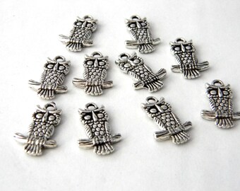 Owl Charms Set of 10 Silver Color Owl on a Branch 19x12mm