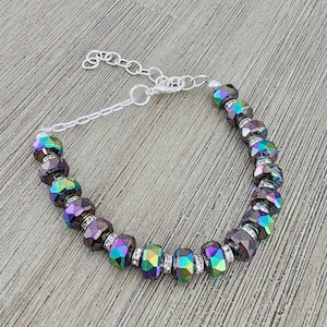 Purple Glass Bracelet Crystal Glass Beads Silver Rhinestone Beads Adjustable Lobster Clasp