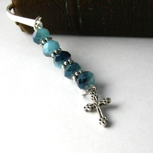 Beaded Cross Bookmark with Blue Glass Beads Shepherd Hook Steel Bookmark Silver Color