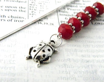 Ladybug Bookmark with Red Ruby Quartz Glass Beads Shepherd Hook Steel Bookmark Silver Color
