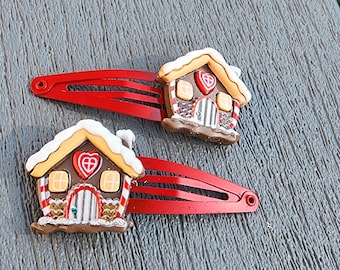 Gingerbread House Hair Clips, Set of Two Red Hair Clips, Metal Snap Barrette 50mm, Christmas Hair Clips