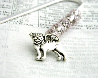 Pug Bookmark with Pink Glass Beads Shepherd Hook Steel Bookmark Silver Color