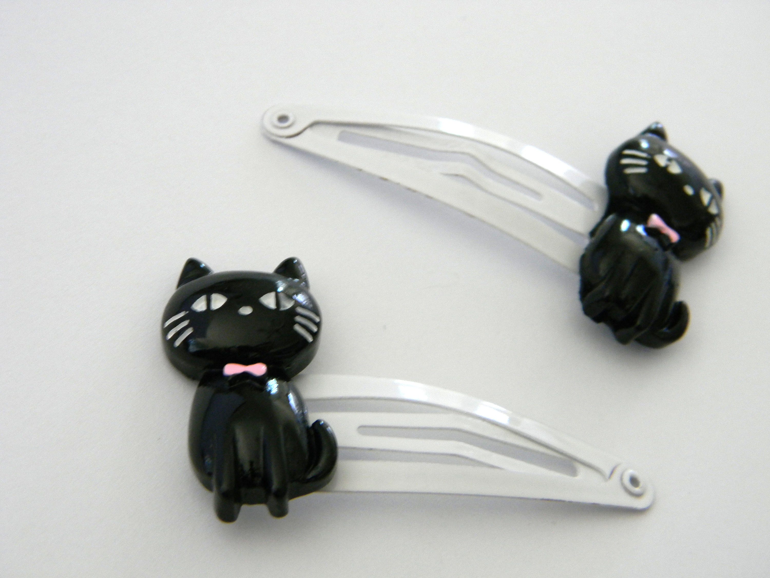 Black Cat Hair Clips Set of Two White Hair Clips Metal Snap Etsy