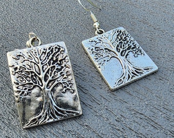 Tree Earrings Silver Color Dangle Earrings Rectangle Nature Earrings