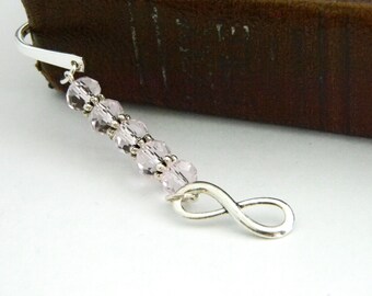 Infinity Bookmark with Pink Glass Beads Shepherd Hook Steel Bookmark Silver Color