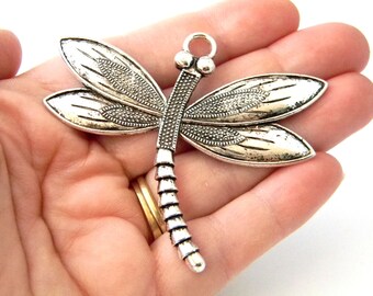 Large Dragonfly Pendant Silver Color 58x67mm